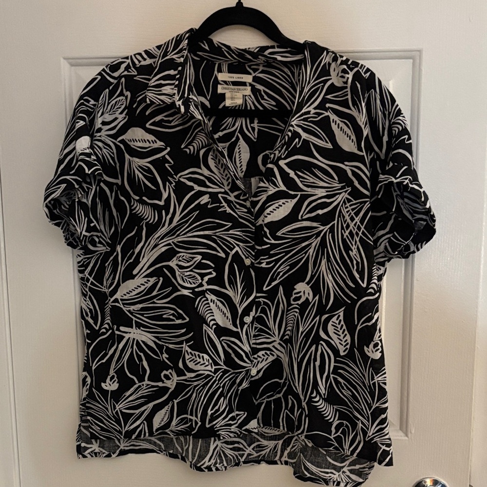 Christian Siriano Black and White Floral Button-Down Shirt large